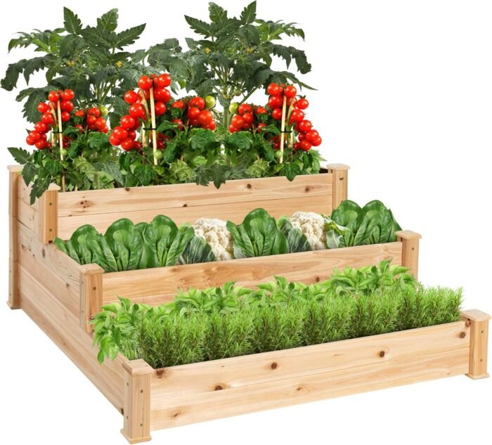 Best Choice Products 3-Tier Fir Wood Raised Garden Bed Planter Kit for Plants, Herbs, Vegetables, Outdoor Gardening w/Stackable & Flat Arrangement, Easy Assembly - Natural