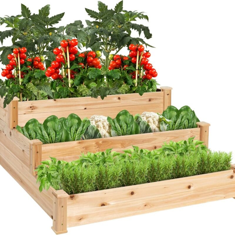 Best Choice Products 3-Tier Fir Wood Raised Garden Bed Planter Kit for Plants, Herbs, Vegetables, Outdoor Gardening w/Stackable & Flat Arrangement, Easy Assembly - Natural