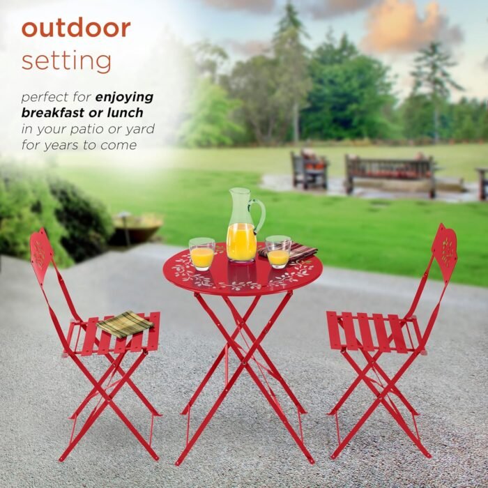 Alpine Corporation Indoor/Outdoor 3-Piece Bistro Set Folding Table and Chairs Patio Seating, Red - Image 4