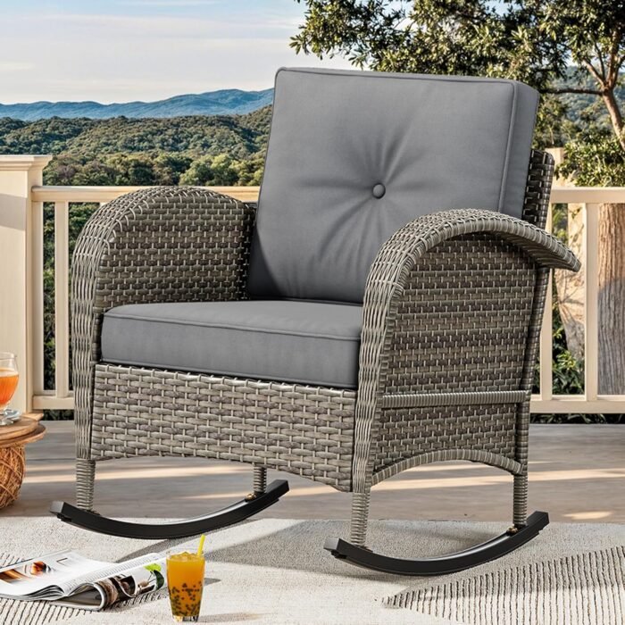 YITAHOME Wicker Rocking Chair, Outdoor Patio Rocking Chair with Plush Cushions, PE Rattan Bistro Chair, Perfect for Garden, Backyard, Porch, and Patio Use, Grey - Image 2