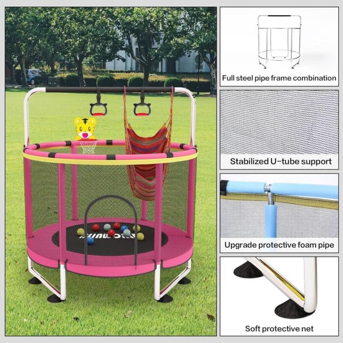 Trampoline for Kids, Adjustable Baby Toddler Trampoline with Basketball Hoop, 440lbs Indoor Outdoor Toddler Trampoline with Enclosure - Image 2