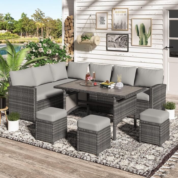 U-MAX 7 Pieces Patio Furniture Set, Outdoor Sectional Sofa Conversation Set, All Weather Wicker Rattan Dining Table & Chair with Ottoman, Grey Rattan&Grey Cushion