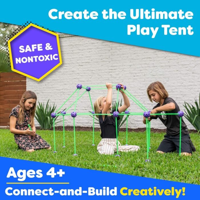 Fun Forts Glow Fort Building Kit for Kids - 81 Pack Glow in The Dark STEM Building Toys Indoor Outdoor Play Tent for Kids Construction Toys with 53 Rods and 28 Spheres - Image 3