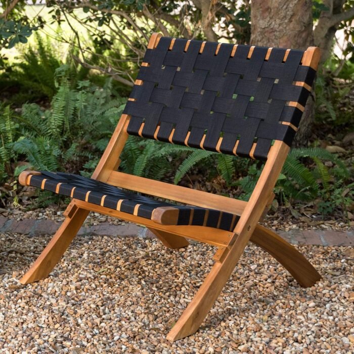 Patio Sense 62774 Sava Indoor Outdoor Folding Chair Low Slung Portable Seating Solid Acacia Wood Woven Seat & Back Indoors Porch Lawn Garden Fishing Sporting - Black Webbing - Image 2