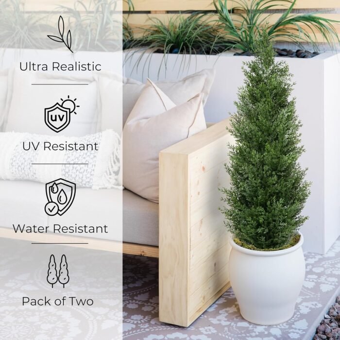 3ft Artificial Topiary Cedar Trees - Faux Outdoor Plants - Topiary Trees Artificial Outdoor - Artificial Plants - Fake Plants - Front Door Decor - Set of 2 - Image 6