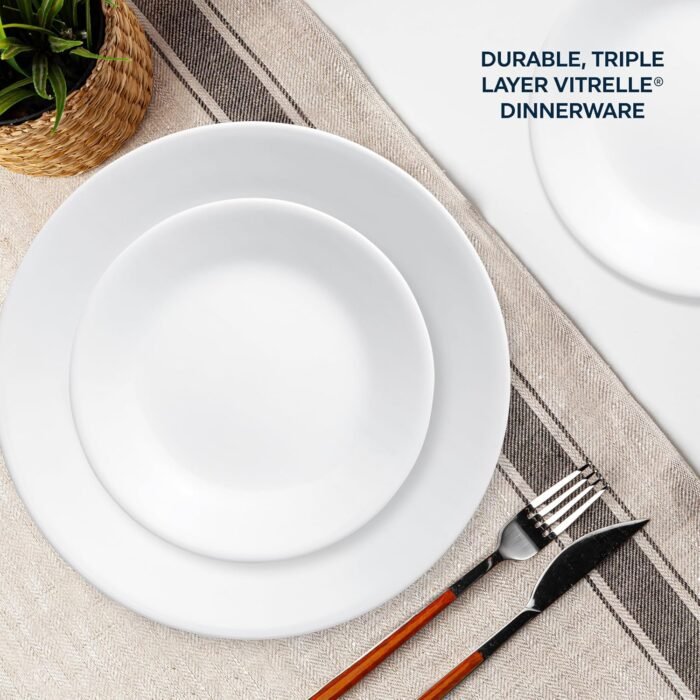 Corelle Vitrelle 18-Piece Service for 6 Dinnerware Set, Triple Layer Glass and Chip Resistant, Lightweight Round Plates and Bowls Set, Winter Frost White - Image 6
