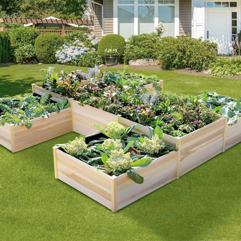 AMERLIFE 12x12x2 FT Wooden Raised Garden Bed, H-Shaped Planter Box with Double-Layer Design, 180 Cu. Ft Capacity for Outdoor Patio & Backyard