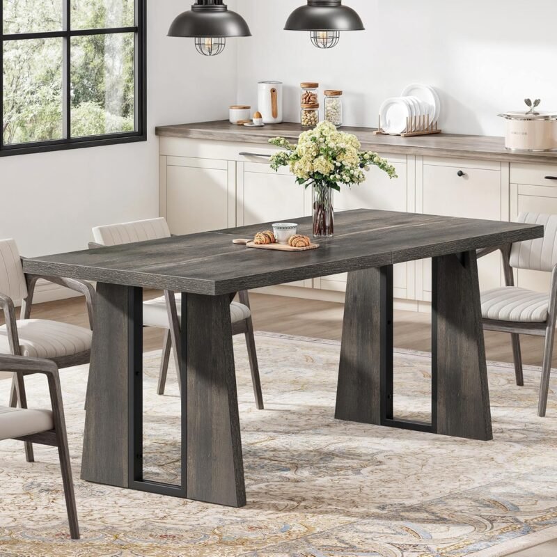 DWVO Rectangle Dining Table for 4-6 People 63 Inch Large Dining Room Table Farmhouse Wooden Dinner Table with Heavy Duty Legs for Kitchen Apartment Restaurant, Rustic Grey