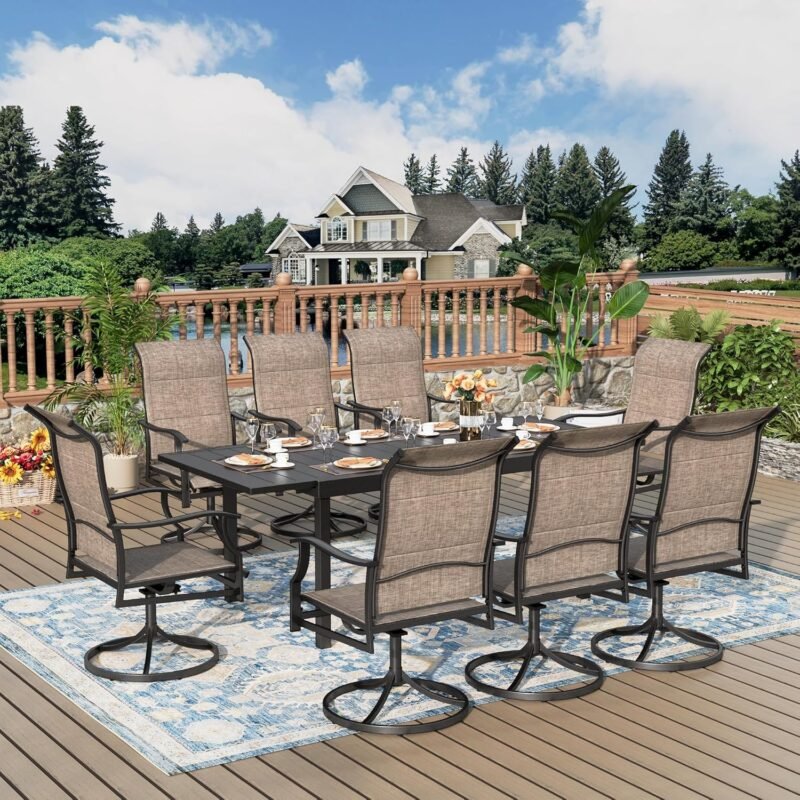 9 Pieces Patio Dining Set, Outdoor Table and Chairs, 8 x Textilene Swivel Dining Chairs and 61" Expandable Patio Dining Table, for Cozy Garden Settings, Brown