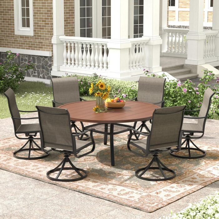 47.2" Patio Dining Table for 6, Round Outdoor Metal Dining Table with Umbrella Hole for Lawn Garden Backyard, Walnut - Image 3