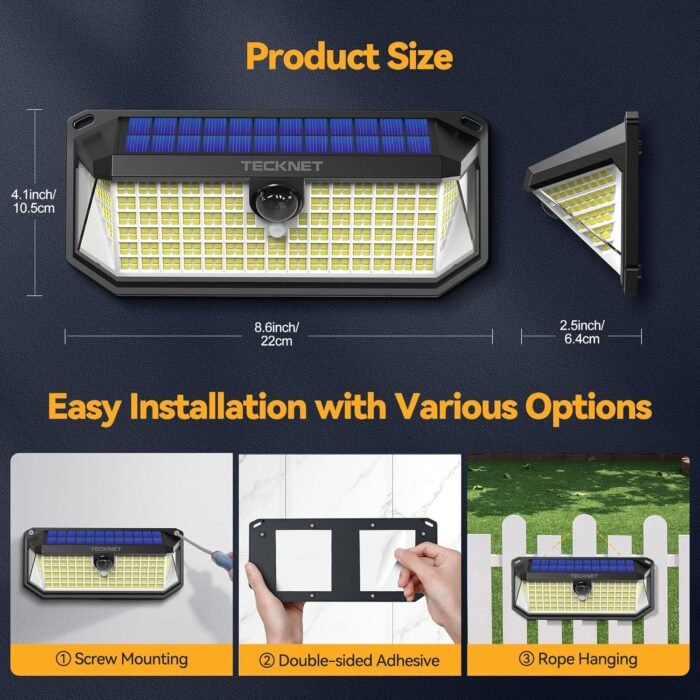 TECKNET 4200Lm 416 LED Solar Motion Lights Outdoor Waterproof, 300° Angle & 3 Lighting Modes Motion Sensor Light Outdoor, 2 Pack Security Solar Lights IP66 for Fence Front Door Yard Deck Garden Garage - Image 7