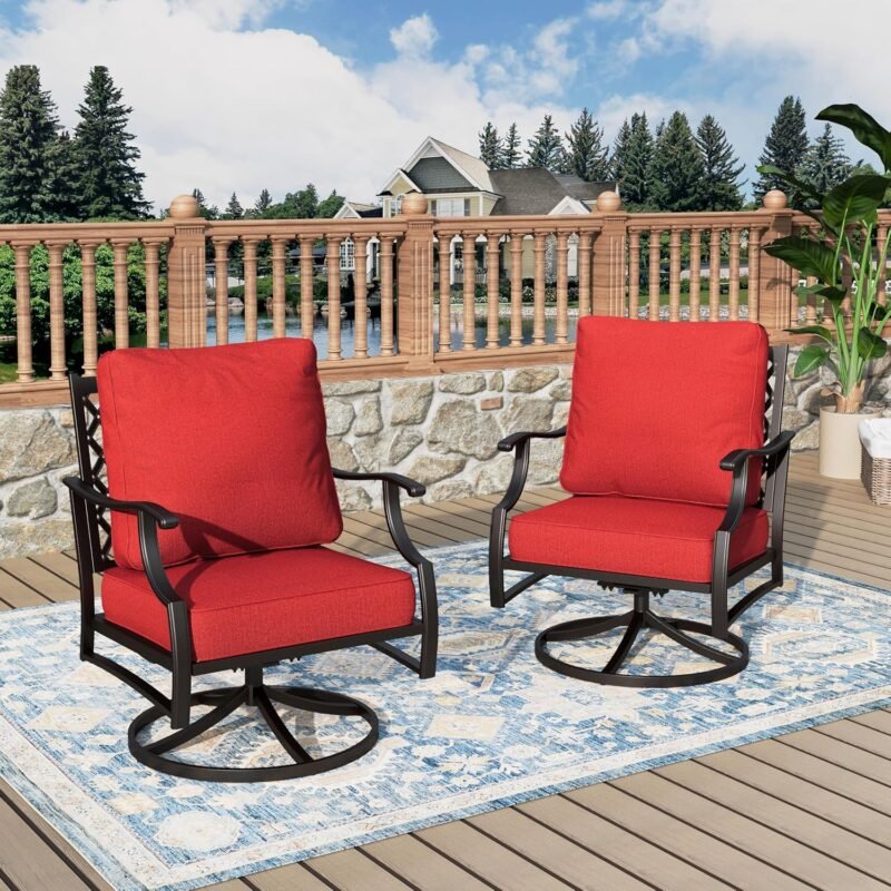Swivel Patio Chairs Set of 2, High Back Outdoor Swivel Patio Metal Chairs with 5.75" Thick Cushions for Bistro Balcony Porch Deck and Yard, Red