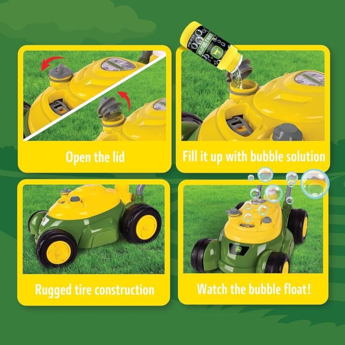 John Deere Bubble Lawn Mower for Toddlers, Bubble Blowing Machines, Indoor and Outdoor Gardening Toy, Birthday, Party Favor for Preschool Girls and Boys, No Batteries Required, 2+ - Image 6