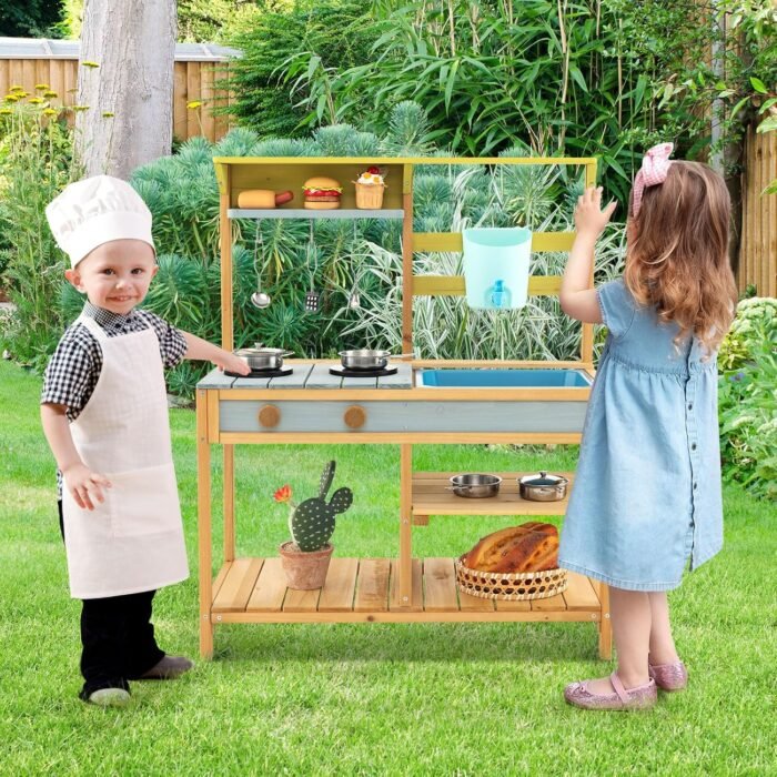 Costzon Wooden Kids Play Kitchen, Outdoor Mud Kitchen with Removable Sink, Water Box & Faucet, Stove Top, Storage Shelves, Fun Backyard Pretend Kitchen Playset for Boys Girls 3+ (Blue) - Image 2
