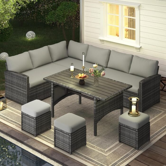 U-MAX 7 Pieces Patio Furniture Set, Outdoor Sectional Sofa Conversation Set, All Weather Wicker Rattan Dining Table & Chair with Ottoman, Grey Rattan&Grey Cushion - Image 2