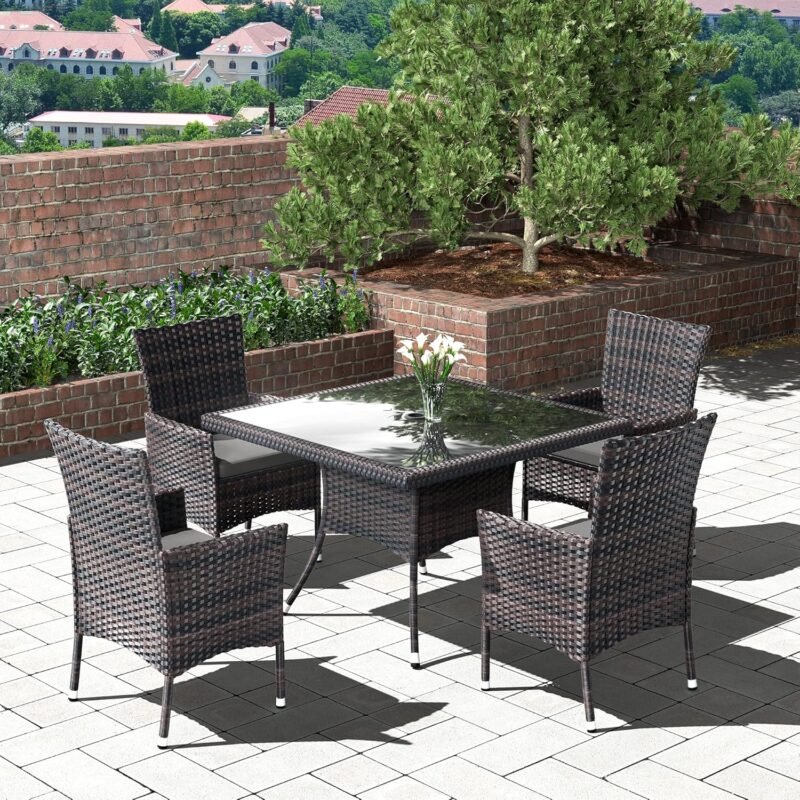 5 Pieces Patio Dining Set Outdoor Rattan Furniture Dinning Set with Square Glass Tabletop 4 Chairs with Grey Cushions for Patio, Backyard Outdoor Kitchen Lawn & Garden