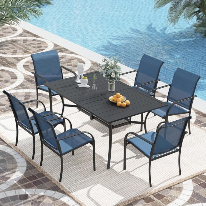 VICLLAX 7 Pieces Patio Dining Set, Patio Furniture Set of 6 Patio Stackable Dining Chairs and Outdoor Rectangular Metal Table with Storage Shelf, Blue Chairs and Black Table