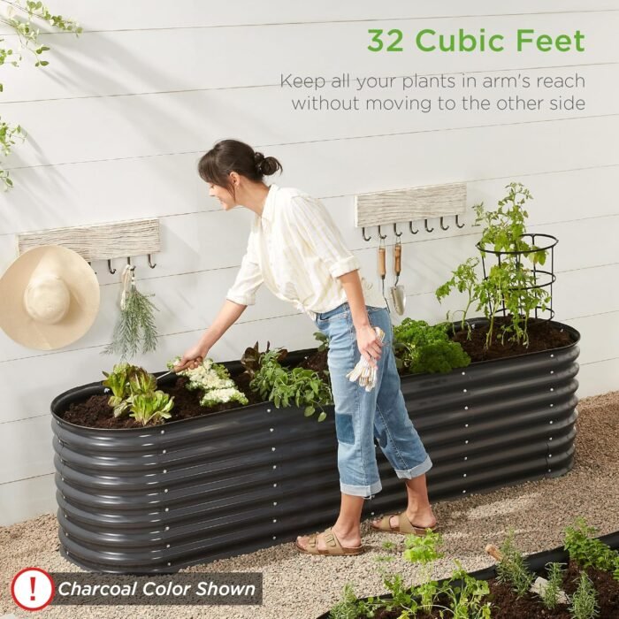 Best Choice Products 8x2x2ft Metal Raised Garden Bed, Oval Outdoor Deep Root Planter Box for Vegetables, Herbs w/ 4 Support Bars, 215 Gal Capacity - Sage Green - Image 4