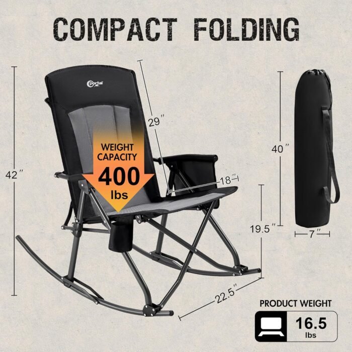 PORTAL Oversized Folding Rocking Camping Chair High Back Outdoor Rocker Portable for Outside Lawn Patio Travel Garden, Supports 400 lbs, Padded Back, Black Grey - Image 3