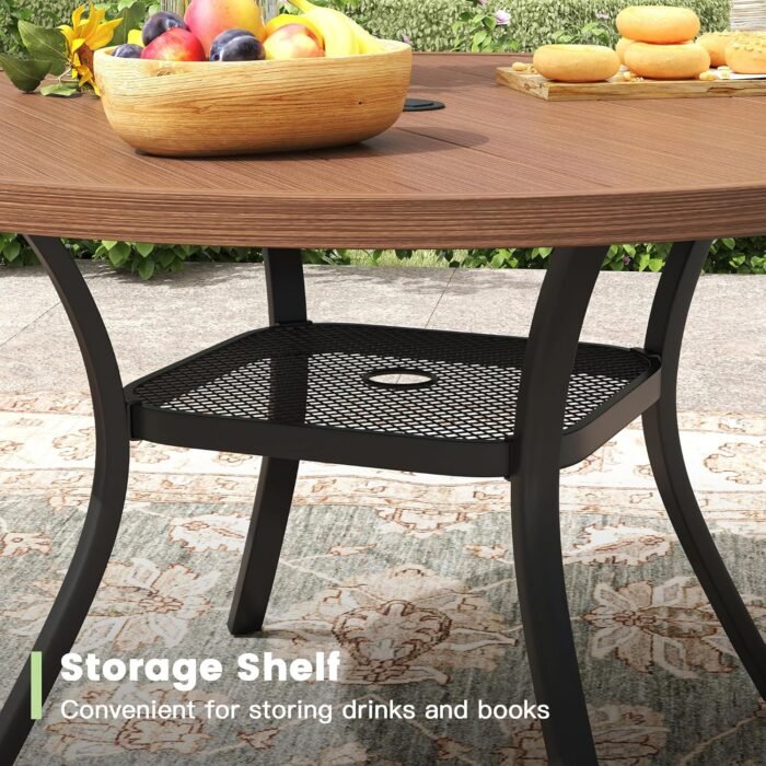 47.2" Patio Dining Table for 6, Round Outdoor Metal Dining Table with Umbrella Hole for Lawn Garden Backyard, Walnut - Image 5