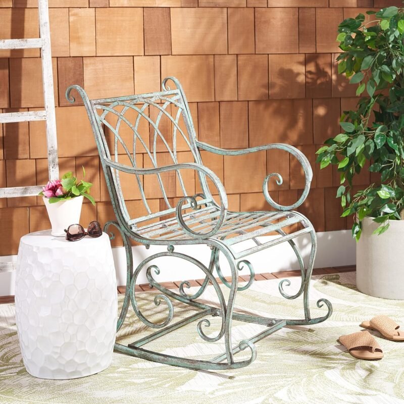 SAFAVIEH Outdoor Collection Medrano Victorian Antique Dark Green Wrought Iron Rocking Chair