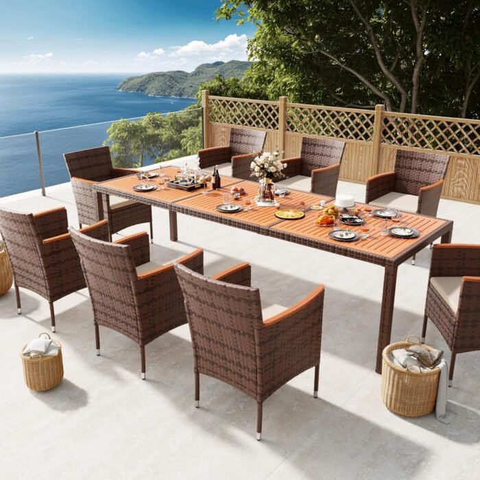 Devoko Outdoor Patio Dining Sets 9 Pieces Wicker Outdoor Dining Table and Chairs Set with Acacia Wood Table Top and Widened Armrests for Backyard, Garden, Deck (Brown) - Image 2