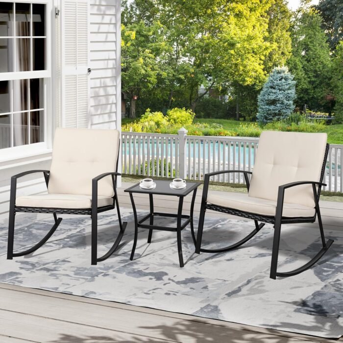 Shintenchi 3 Pieces Rocking Bistro Set Wicker Patio Outdoor Furniture, 2 Rattan Porch Chairs Conversation Sets with Glass Coffee Table (Beige) - Image 7