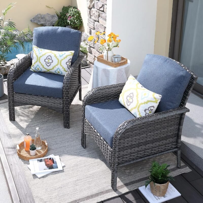 ovios 2 Pieces Patio Furniture Set, Outdoor Wicker Chairs of 2, All Weather High Back Rattan Chairs 2 Seats with Comfy Cushions for Porch Deck, Denim Blue