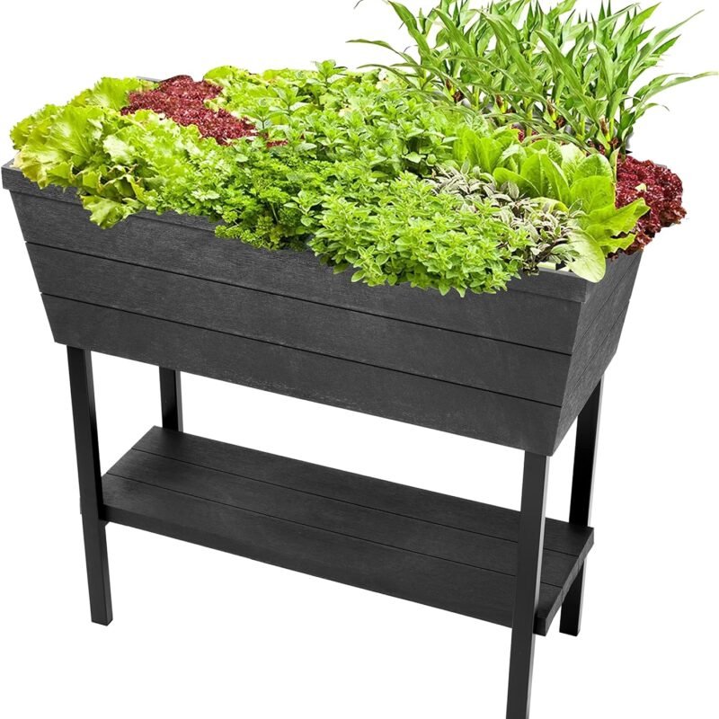 Keter Urban Bloomer 12.7 Gallon Raised Garden Bed and Outdoor Herb Garden Planter with Self Watering Gauge and Drainage Plug, Dark Grey