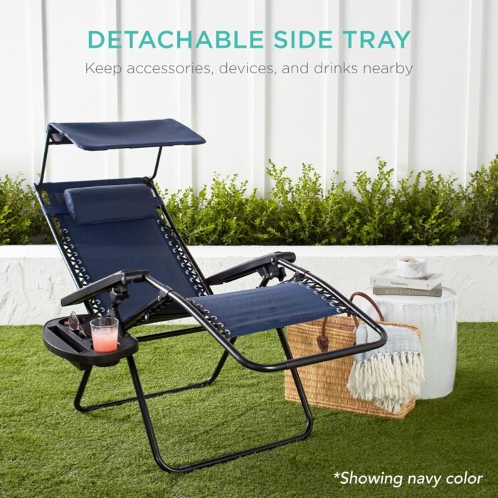 Best Choice Products Folding Zero Gravity Outdoor Recliner Patio Lounge Chair w/Adjustable Canopy Shade, Headrest, Side Accessory Tray, Textilene Mesh - Beige - Image 6