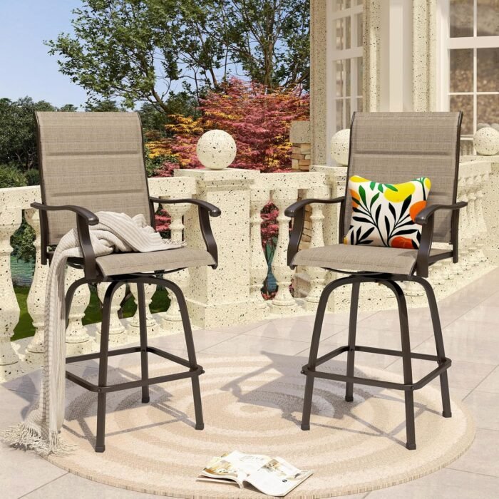 PHI VILLA Outdoor Swivel Bar Stools Set of 2, High Top Patio Chairs with Padded Textilene Seating, All-Weather Bar Height Furniture for Kitchen or Outside, Padded Brown Textilene - Image 2