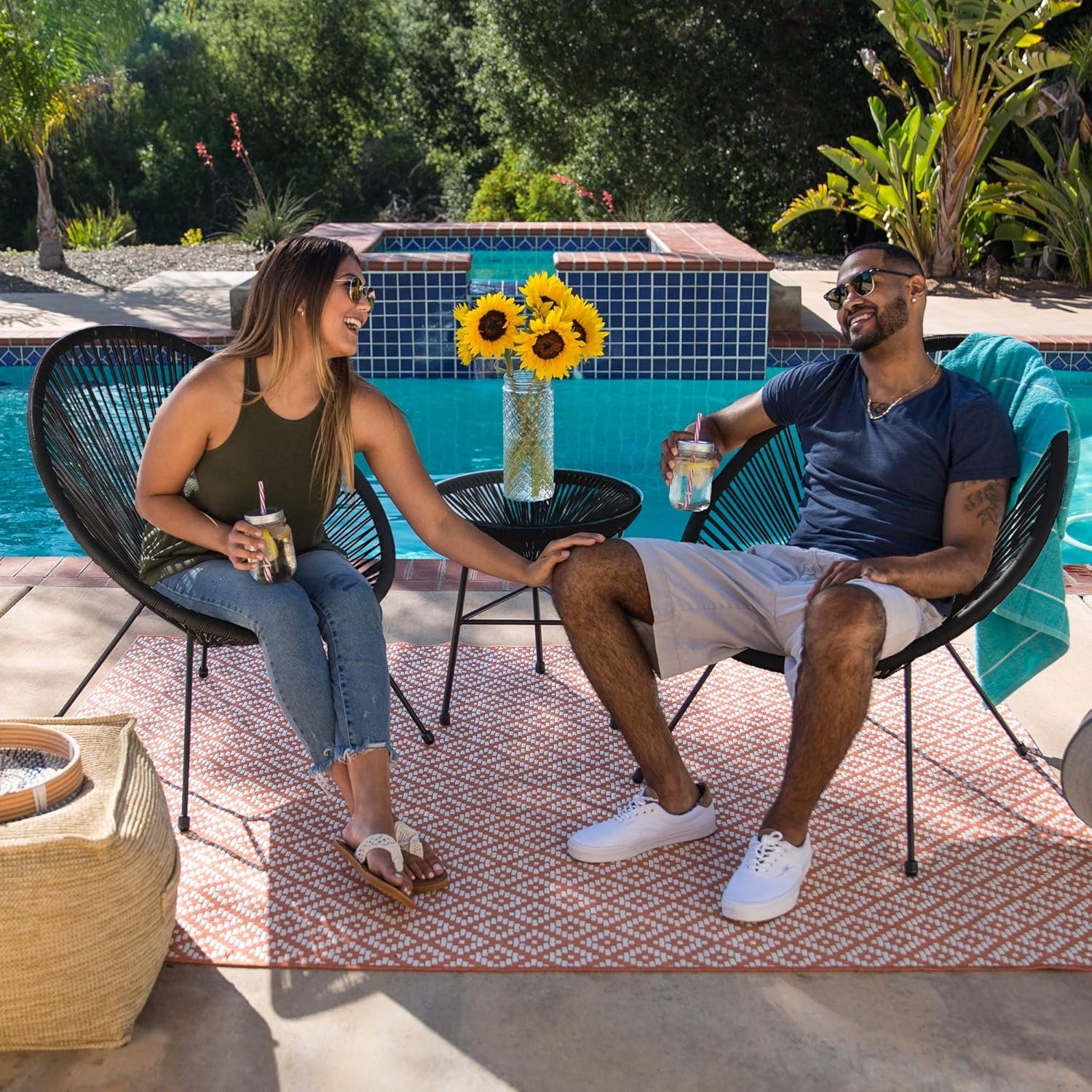 Best Choice Products 3-Piece Outdoor Acapulco All-Weather Patio Conversation Bistro Set w/Plastic Rope, Glass Top Table and 2 Chairs - Black - Image 3