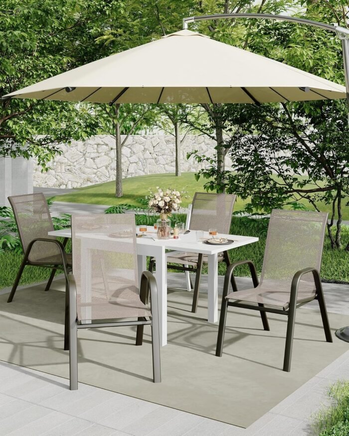 Stackable Dining Chairs Set of 4, High-Back Patio Dining Chairs Set, Outdoor Chairs with Textilene Fabric & Metal Frame for Lawn Backyard Deck Garden, Brown - Image 2