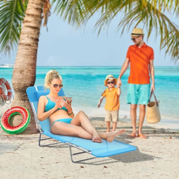 Outsunny Folding Chaise Lounge Pool Chairs, Outdoor Sun Tanning Chairs with Pillow, Reclining Back, Steel Frame & Breathable Mesh for Beach, Yard, Patio, Blue - Image 2