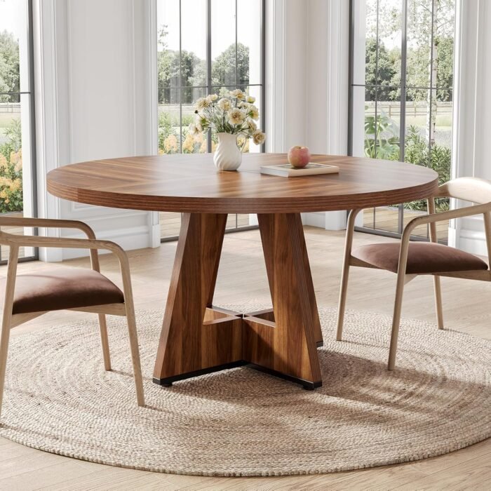 LITTLE TREE Round Dining Table for 4-6 People, 47 Inches Dining Room Table with Wooden Pedestal Base, Brown Dinner Table, Circle Kitchen Table for Dining Room, Kitchen, Living Room(Table Only) - Image 7