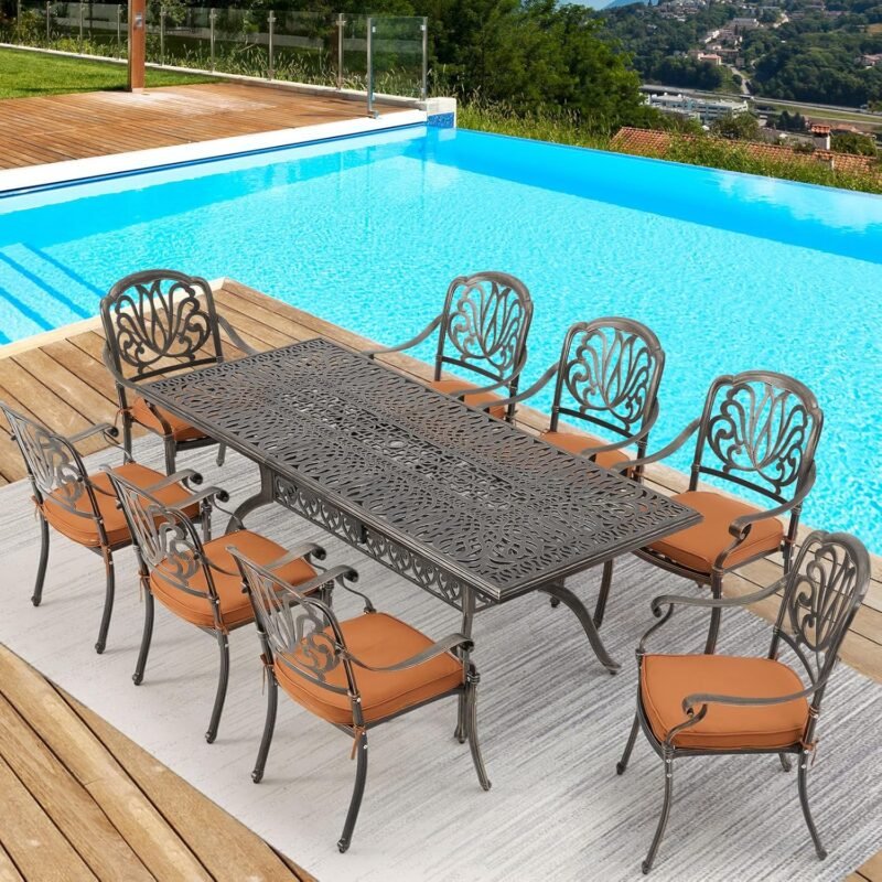 [Hi-End]All Aluminum Patio Furniture Set: 9-Piece Outdoor Dining Set with 8 Cushioned Dining Chairs,Metal Patio Furniture set,Rust-Free and Wind-Proof, 1 Rectangular Patio Table with Umbrella Hole