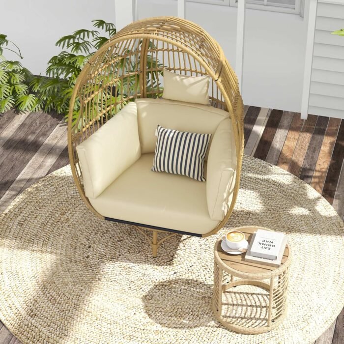 YITAHOME 360° Swivel Egg Chair Outdoor, 400lbs Capacity Oversized Patio Rotating Basket Chair, All-Weather Wicker Egg Lounger Chair for Outside Indoor (Beige) - Image 3