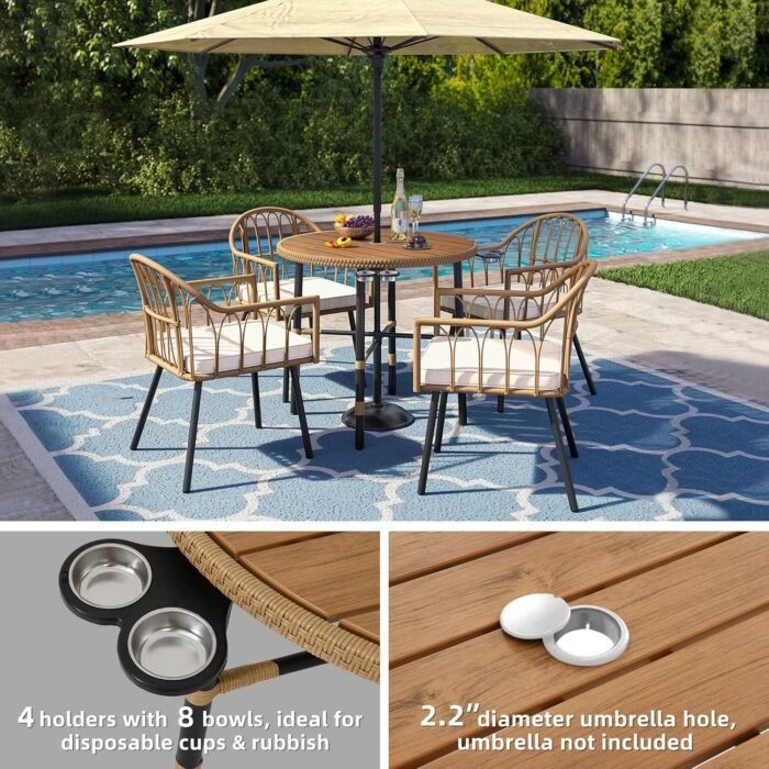 YITAHOME 5 Pieces Outdoor Patio Dining Table Chair Set,Wicker Patio Dining Set,Outdoor Rattan Dining Table Set for Patio, Backyard, Balcony, Garden (with Umbrella Hole), Beige - Image 3