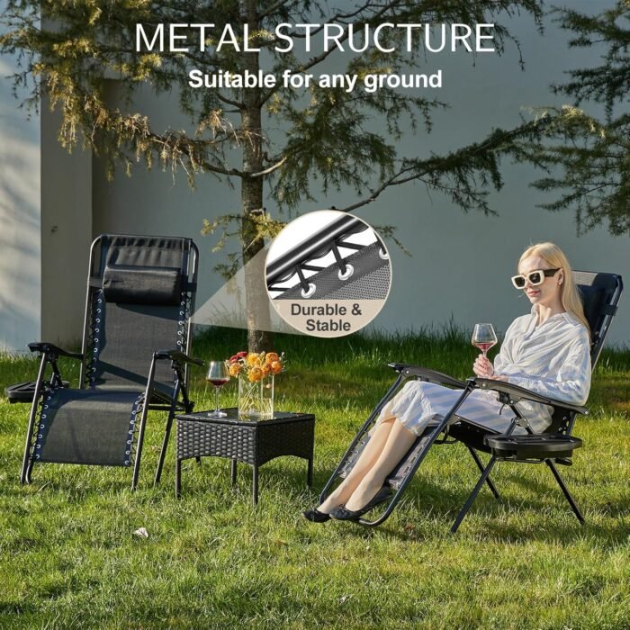 Sweetcrispy Zero Gravity Chairs, Set of 2 Portable Recliner Beach Camping Patio Outdoor Folding Lounge Chair with Cup Holder Trays and Adjustable Pillow for Poolside, Garden, Backyard, Lawn (Black) - Image 5