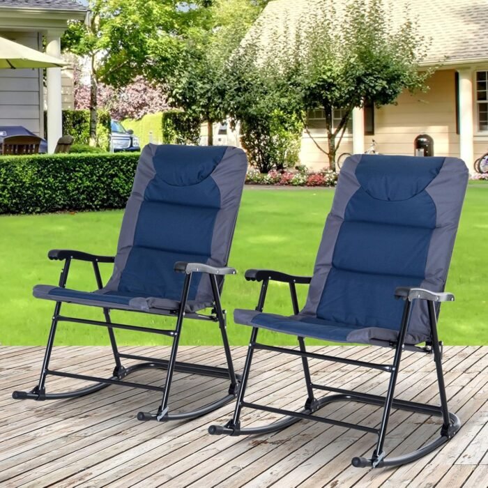 Outsunny 2 Piece Outdoor Patio Furniture Set with 2 Folding Padded Rocking Chairs, Bistro Style for Porch, Camping, Balcony, Navy Blue - Image 2