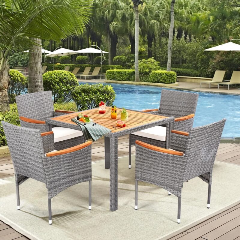5 Pieces Patio Dining Sets for 4 Outdoor Patio Furniture Sets with Acacia Wood Table Top Outdoor Table and Chairs Wicker Outdoor Furniture Set for Patio Yard Deck Gazebo,Grey