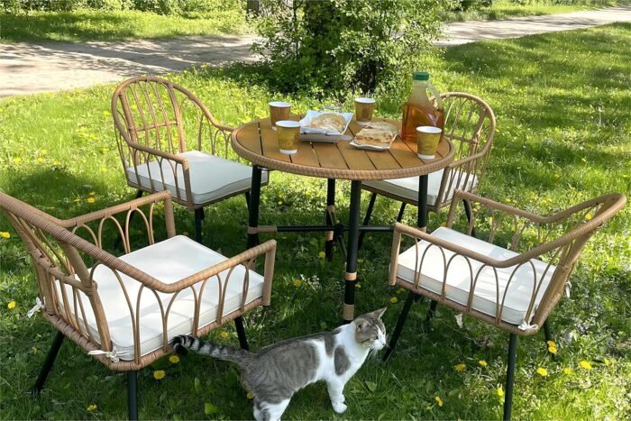 YITAHOME 5 Pieces Outdoor Patio Dining Table Chair Set,Wicker Patio Dining Set,Outdoor Rattan Dining Table Set for Patio, Backyard, Balcony, Garden (with Umbrella Hole), Beige - Image 5