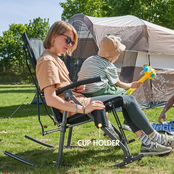 PORTAL Oversized Folding Rocking Camping Chair High Back Outdoor Rocker Portable for Outside Lawn Patio Travel Garden, Supports 400 lbs, Padded Back, Black Grey - Image 6