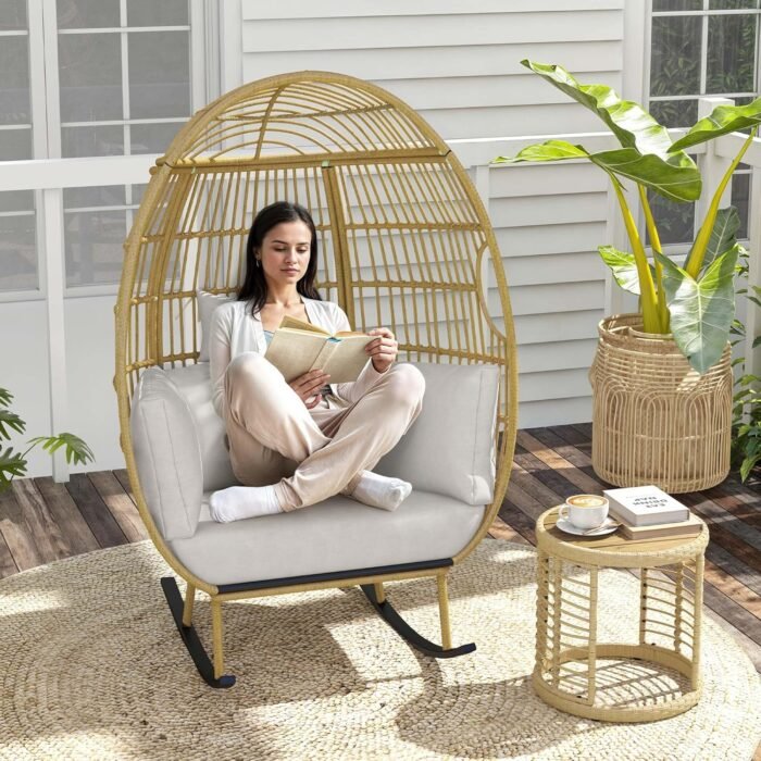 DWVO Outdoor Rocking Egg Chair, Patio Rocking Chair Oversized, 370lb Capacity, Anti-Slip, All-Weather Wicker Egg Lounger Chair for Indoor, Outside (Grey) - Image 5