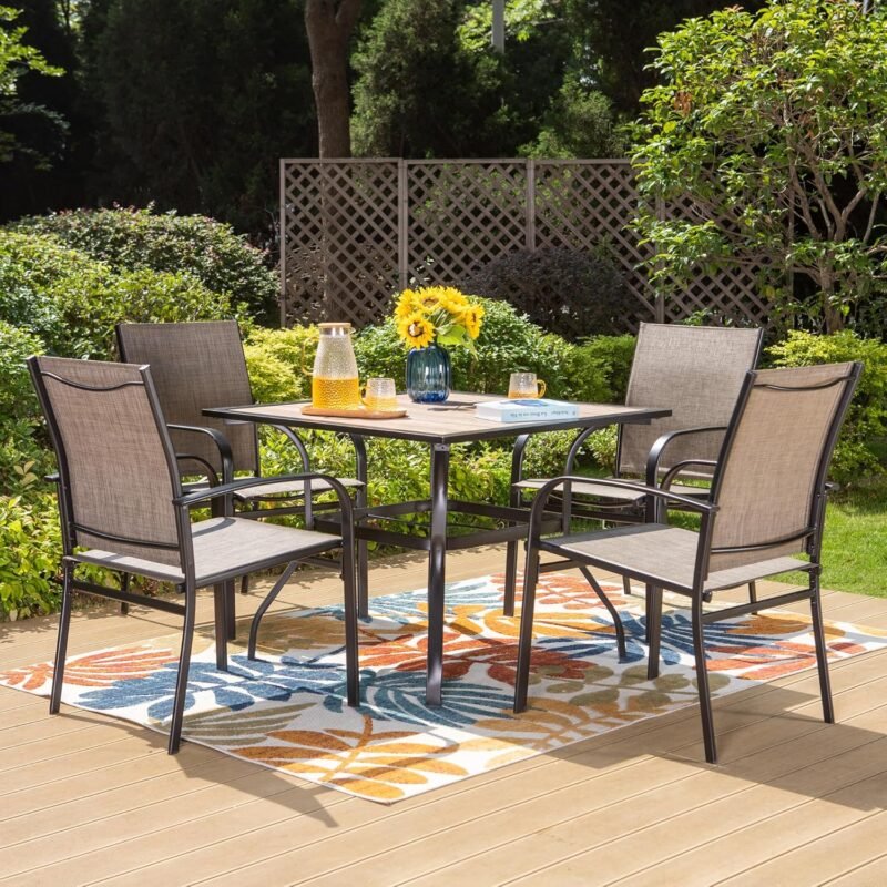 HERA'S HOUSE 5 Piece Patio Dining Set, 4 x Brown Textilene Dining Chair and 37" Square Wood-Like Dining Table with Umbrella Hole, Outdoor Table and Chairs Set for Lawn Garden Backyard Deck