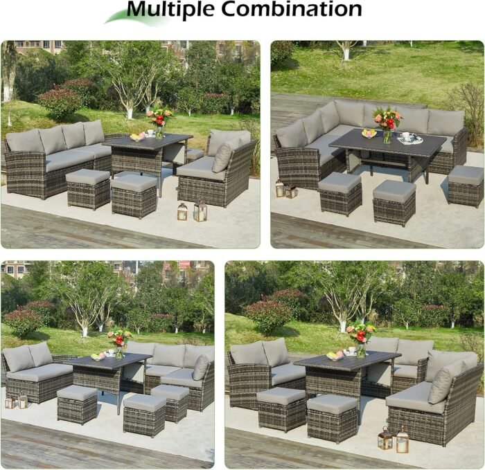 AECOJOY Patio Furniture Set, 7 Pieces Outdoor Patio Furniture with Dining Table&Chair, All Weather Wicker Conversation Set with Ottoman,Grey - Image 6