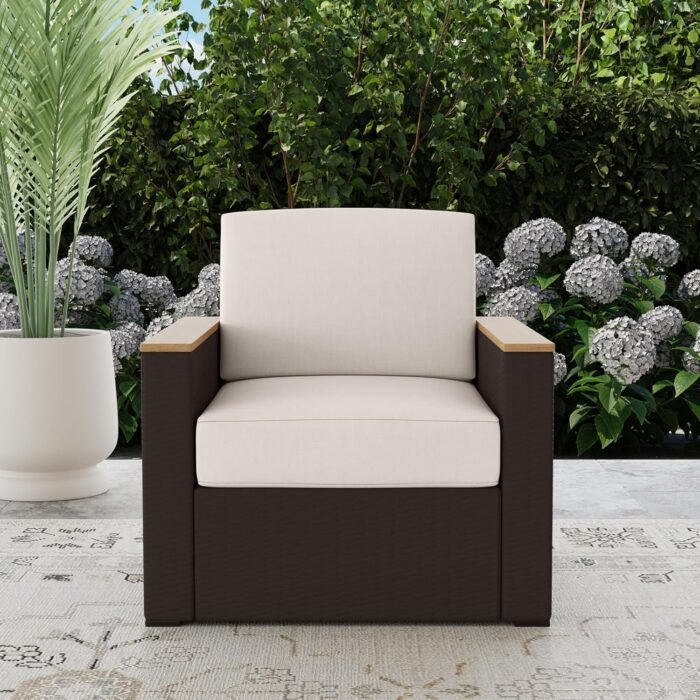 homestyles 6800-10 Palm Springs Outdoor Arm Chair with Cushion, Weatherproof Woven Wicker Rattan with Acacia Wood Accents, 1 Person, Beige/Brown - Image 10
