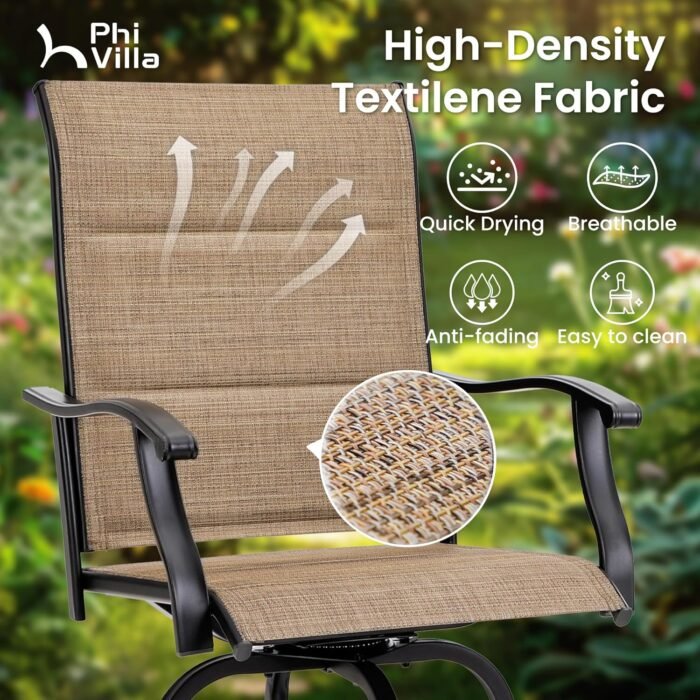 PHI VILLA Outdoor Swivel Bar Stools Set of 2, High Top Patio Chairs with Padded Textilene Seating, All-Weather Bar Height Furniture for Kitchen or Outside, Padded Brown Textilene - Image 6
