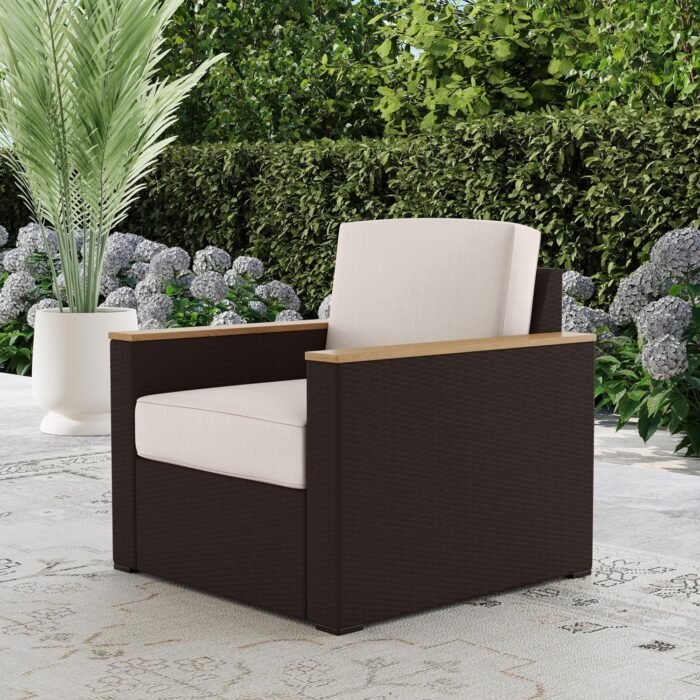 homestyles 6800-10 Palm Springs Outdoor Arm Chair with Cushion, Weatherproof Woven Wicker Rattan with Acacia Wood Accents, 1 Person, Beige/Brown - Image 2