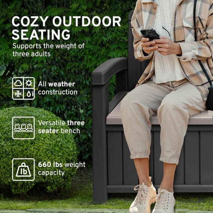 EconoHome 3 Seat Outdoor Storage Bench - 90 Gallon Capacity - Weatherproof Resin Bench for Patio, Porch, Garden, Yard, Pool Area - Furniture for Pool Accessories, Gardening Tools, Toys - Image 4